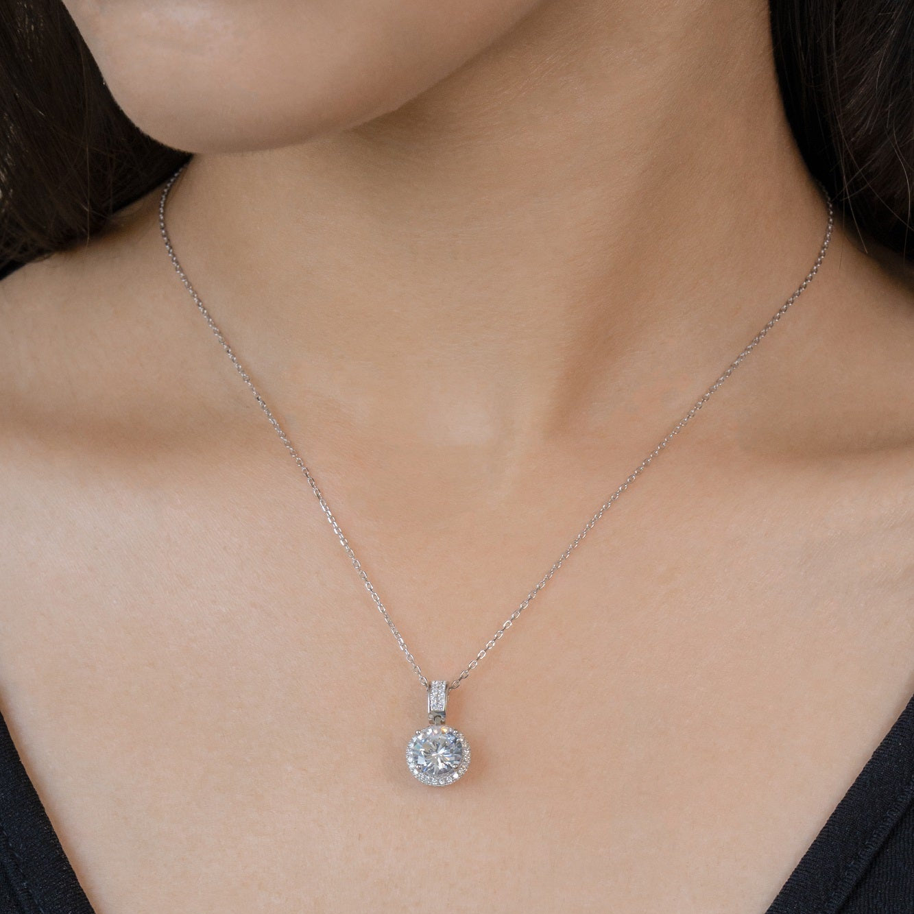 Round Cut CZ Charm Sterling Silver Chain Pendant